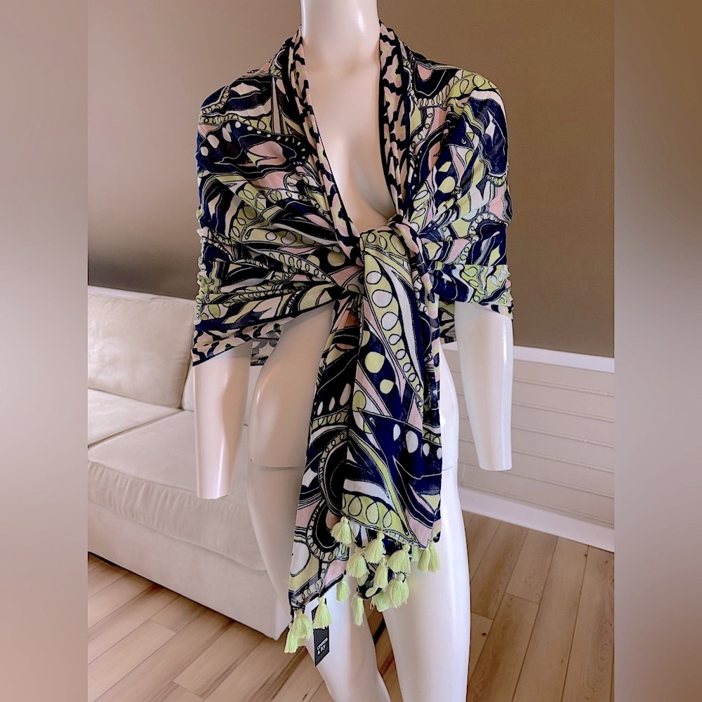 Crown & Ivy Botanic Bouquet Scarf Wrap Tassels Navy Blue Green Pink White NWT